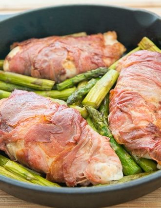 One Pan Prosciutto Wrapped Chicken with Asparagus