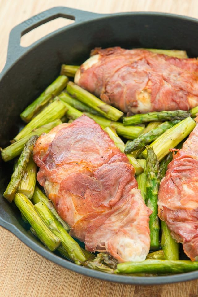 Chicken Prosciutto Pieces with Asparagus in Skillet