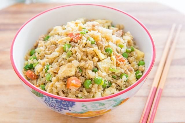 Cauliflower Fried Rice - In a Bowl with Chicken, Peas, Carrots