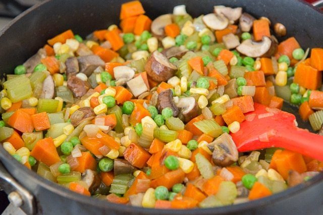 Peas, Carrots, Mushrooms, Corn in Skillet