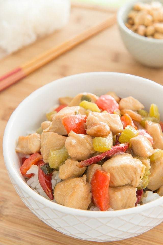 Kung Pao Chicken - In a White Bowl Over Rice