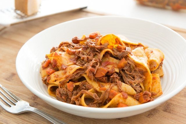 Slow Cooked Beef Ragu Pappardelle - Served in White Bowl