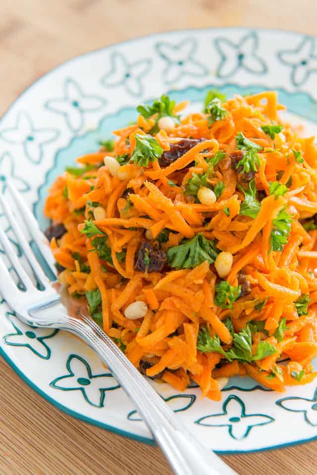 Carrot Raisin Salad - On a Blue Plate with Fork