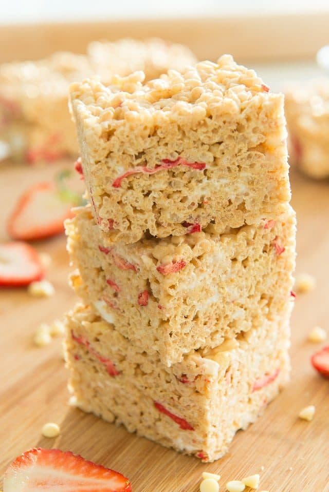 Strawberry Rice Krispie Treats - Stacked on a Cutting Board