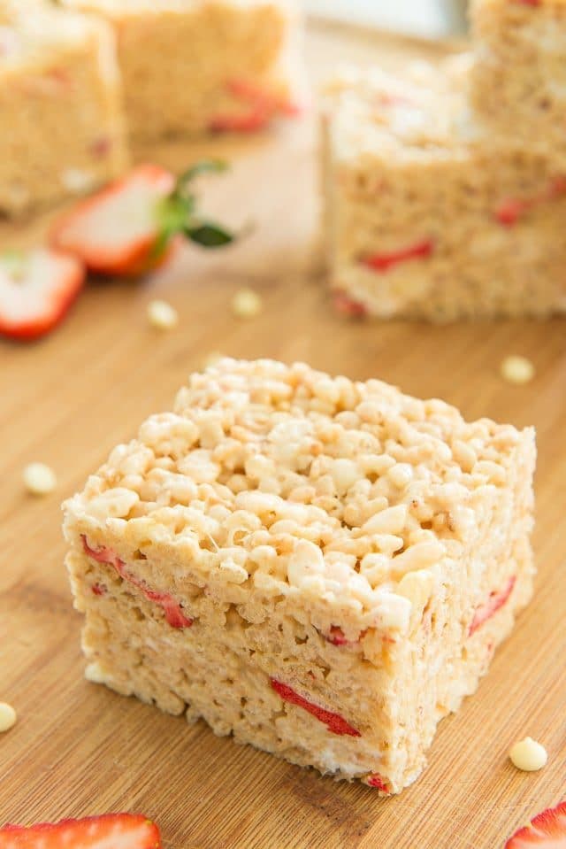 Strawberry Rice Krispies - Cut Into Squares on Wooden Board