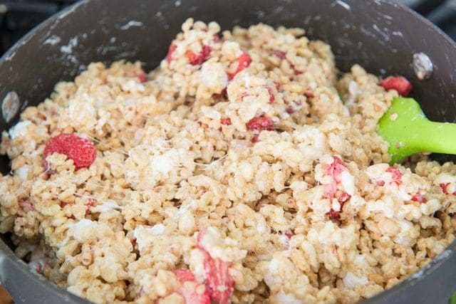 Strawberry Krispies Mixture in Pan with Melted Marshmallows