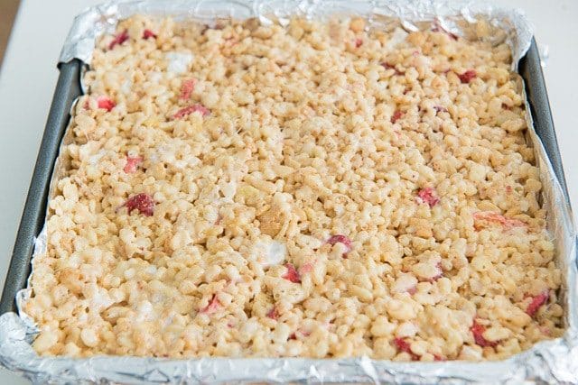 Pressed Out Strawberry Rice Krispie Treats Mixture in Pan