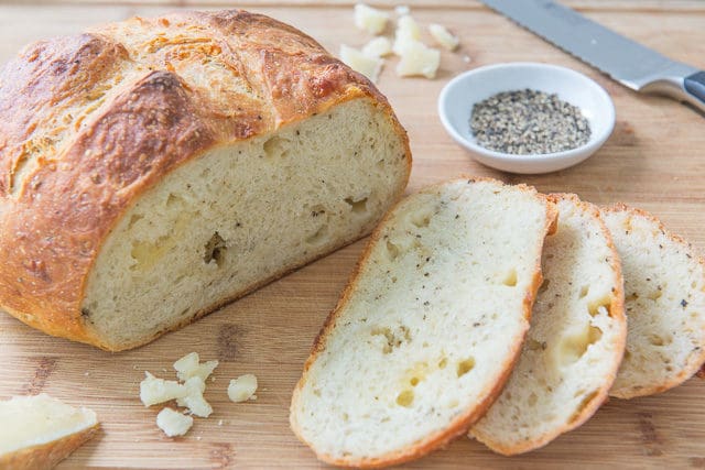 Asiago Bread Recipe - Slices Cut from Full Loaf to Show Inside Textures and From Scratch Ingredients