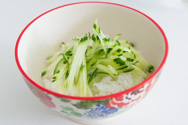 Shredded Cucumber Over Rice in Bowl