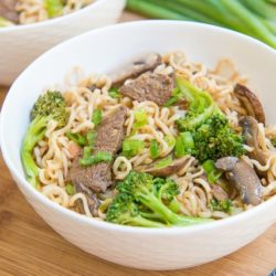 Stir Fry Noodles in Bowl with Broccoli Florets and Beef