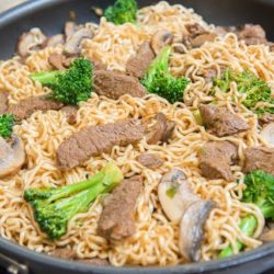 Beef Stir Fry with Noodles in Skillet with Broccoli