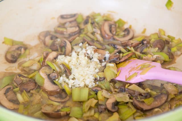 sauteed Leeks and Mushrooms in Pan with Minced Garlic