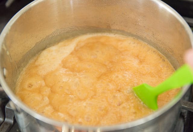 Homemade Caramel in Saucepan Foaming and Bubbling As it cooks