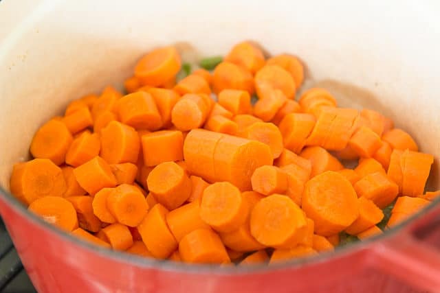 Chopped Fresh Carrot Coins In Red Enameled Cast Iron Soup Pot