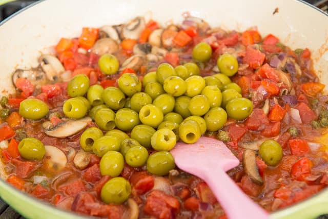 Green Pitted Olives Added to Cacciatore Sauce