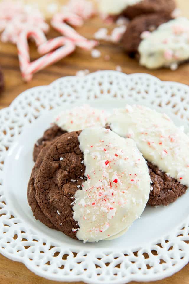 Chocolate Candy Cane Cookies - On Lace Ceramic Plate With Mini Candy Cane Hearts