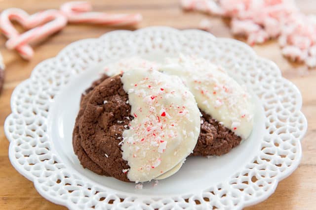 Chocolate Chocolate Chip Candy Cane Cookies - On Lace Ceramic Plate 