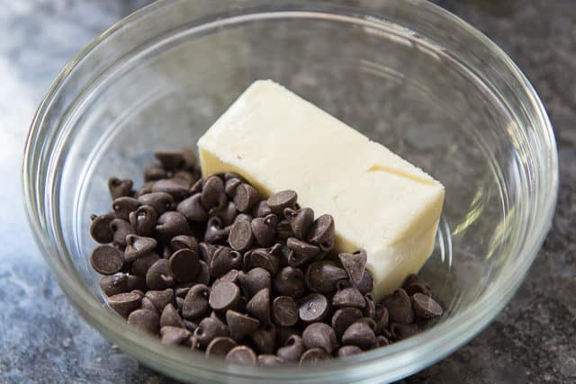 2/3 cup Guittard Bittersweet Chocolate Chips with 1 Stick Unsalted Butter in Duralex Microwave-safe Bowl