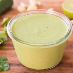 Jalapeno Cilantro Sauce In A Weck Jar With Jalapenos, Lime, Garlic, and Cilantro
