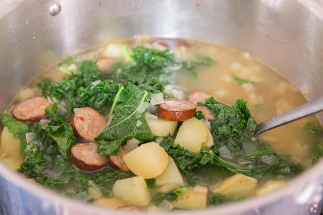 Kale, Potatoes, and Andouille Sausage in Soup Pot