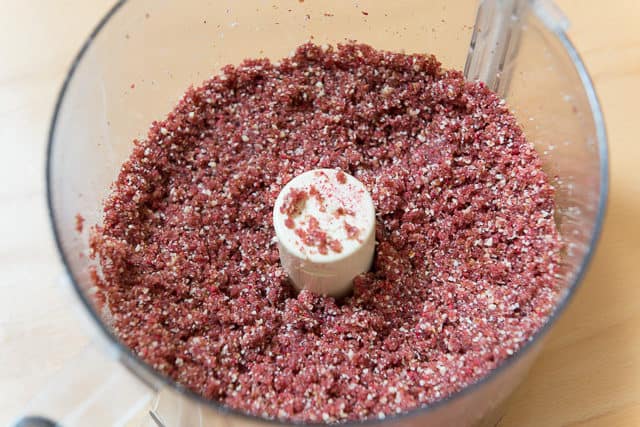 Raspberry Coconut Energy Bites Mixture In Food Processor Bowl, All Chopped Up