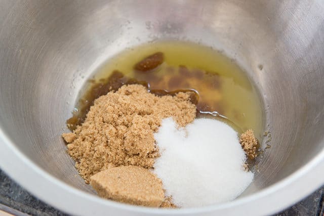 Brown Butter, Brown Sugar, and Granulated Sugar in a Mixing Bowl