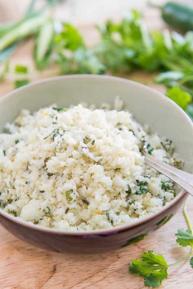 Cilantro Lime Cauliflower Rice - In Bowl with Spoon