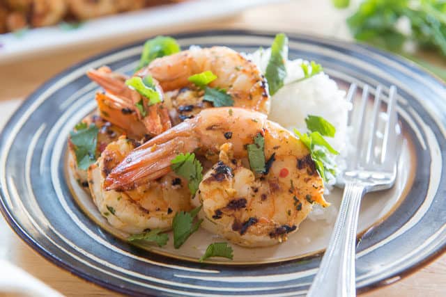 Chipotle Shrimp Recipe - Plated Over Rice with a Garnish of Herbs 