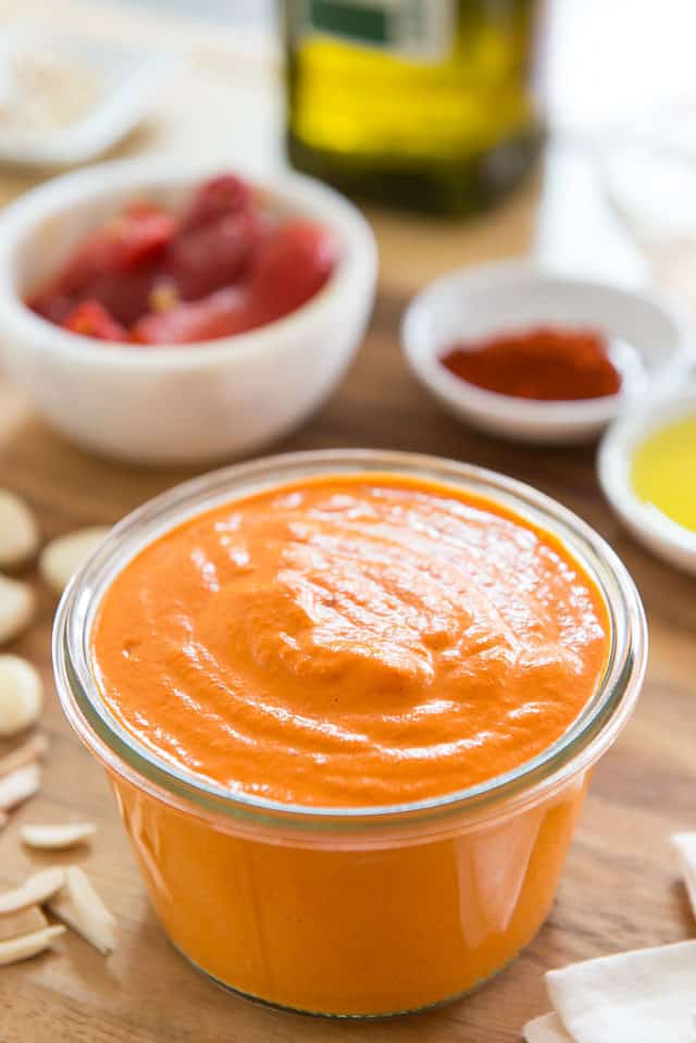 Romesco Sauce - In Glass Jar With Roasted Red Peppers, Smoked Paprika, Olive Oil, Garlic, Almonds