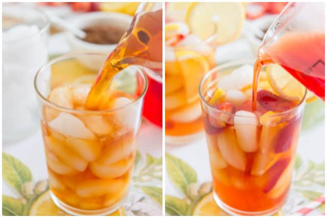 Pouring Iced Tea and Strawberry Simple Syrup into Ice in Glass