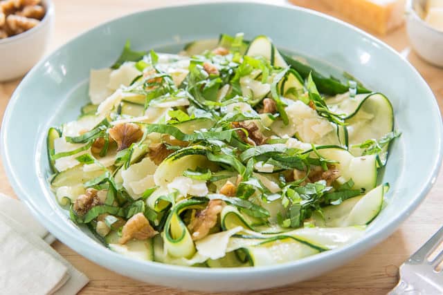 Zucchini Ribbons Tossed with lemon dressing, basil, and cheese