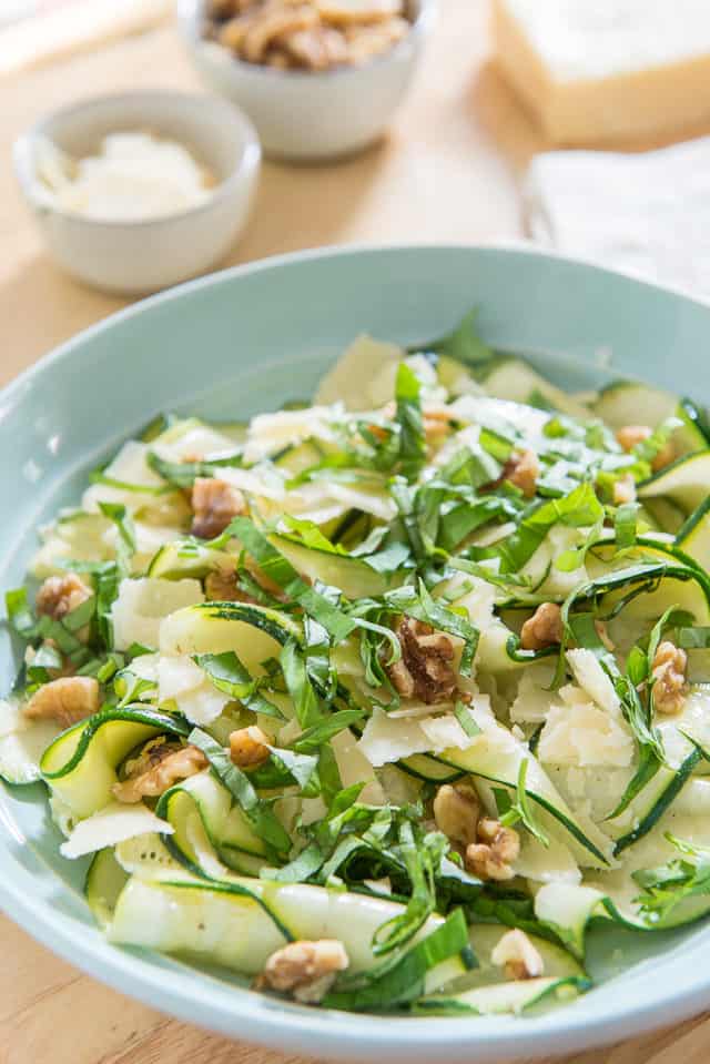Zucchini Ribbon Salad - With Basil, Walnuts, and Grana Padano in Blue Bowl