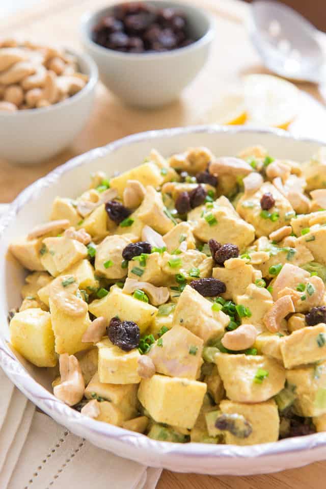 Curry Chicken Salad - In a Low White Bowl with Raisins and Chives