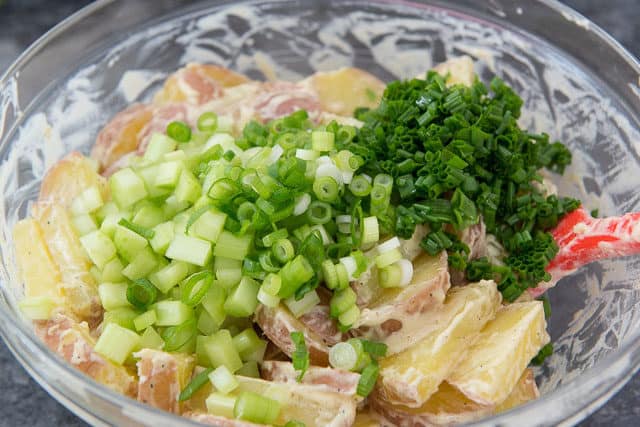 Red Skin Potato Slices in Bowl with Celery, Chives, and Scallions On Top