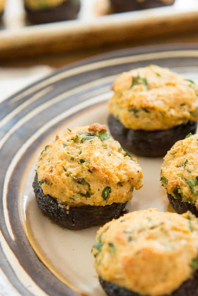 Stuffed Mushroom Caps - On a Plate With Cheese Filling Browned