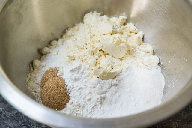 Flour, Brown Sugar, Salt, Leavener, and Dry Buttermilk Powder in a Stainless Steel Bowl