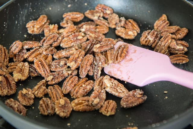 Maple Candied Pecans in Nonstick Skillet