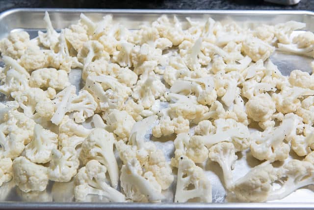 Cauliflower Florets in a Single Layer on Sheet Pan Unbaked