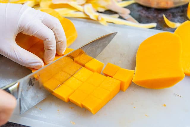 How to Cube Butternut Squash - Shown on Cutting Board