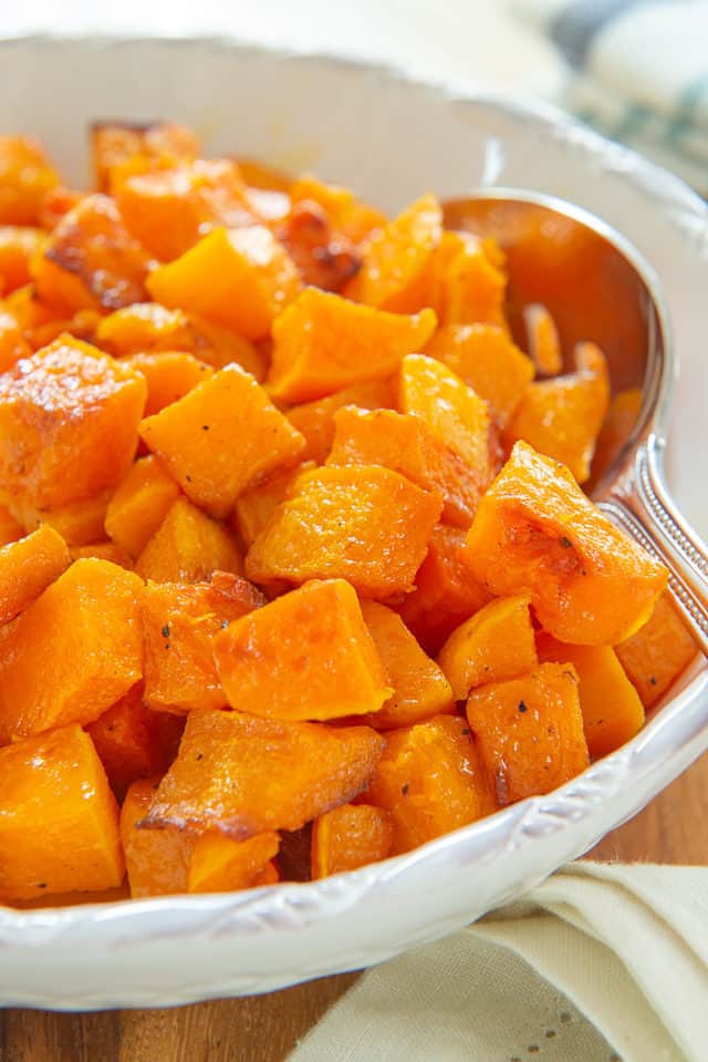Roasted Butternut Squash Recipe - Presented in bowl with Spoon