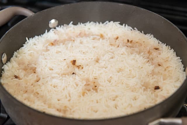 Cooked Rice Pilaf in Pan Without Lid