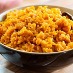 Sweet Potato Rice In Brown Bowl with Napkin