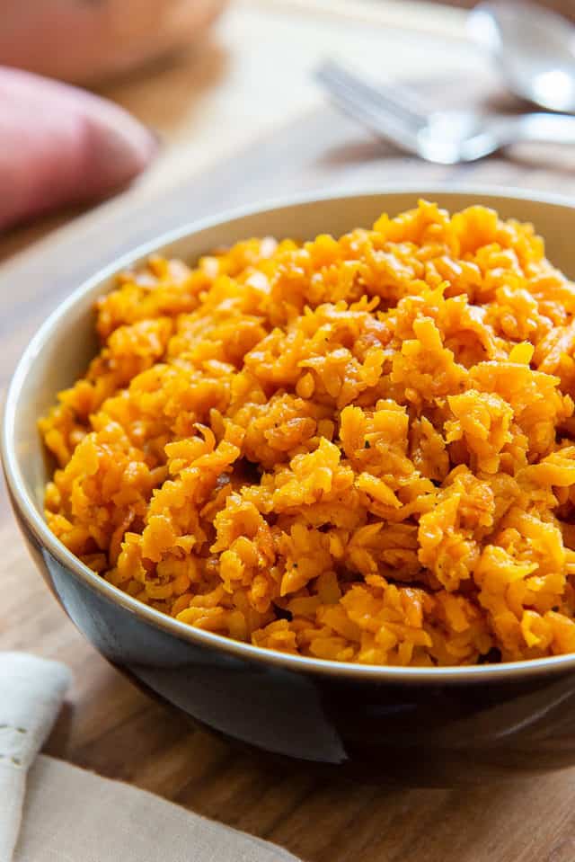 Sweet Potato Rice - In Brown Bowl with Napkin