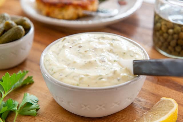 Homemade Tartar Sauce Recipe - Served in a White Bowl with Spoon