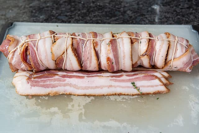 How to Cook Bacon Wrapped Pork Tenderloin by Tying Completely with Twine as Shown