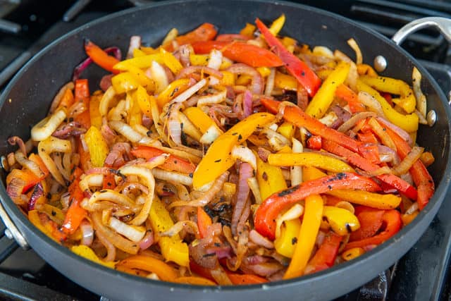 Fajita Vegetables like Bell Peppers and Onion on Skillet with Grill marks