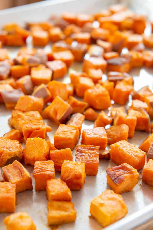 Oven Roasted Sweet Potatoes - On Sheet Pan in Cubes