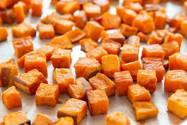 Roasted Sweet Potatoes - On a Sheet Pan in Cubes