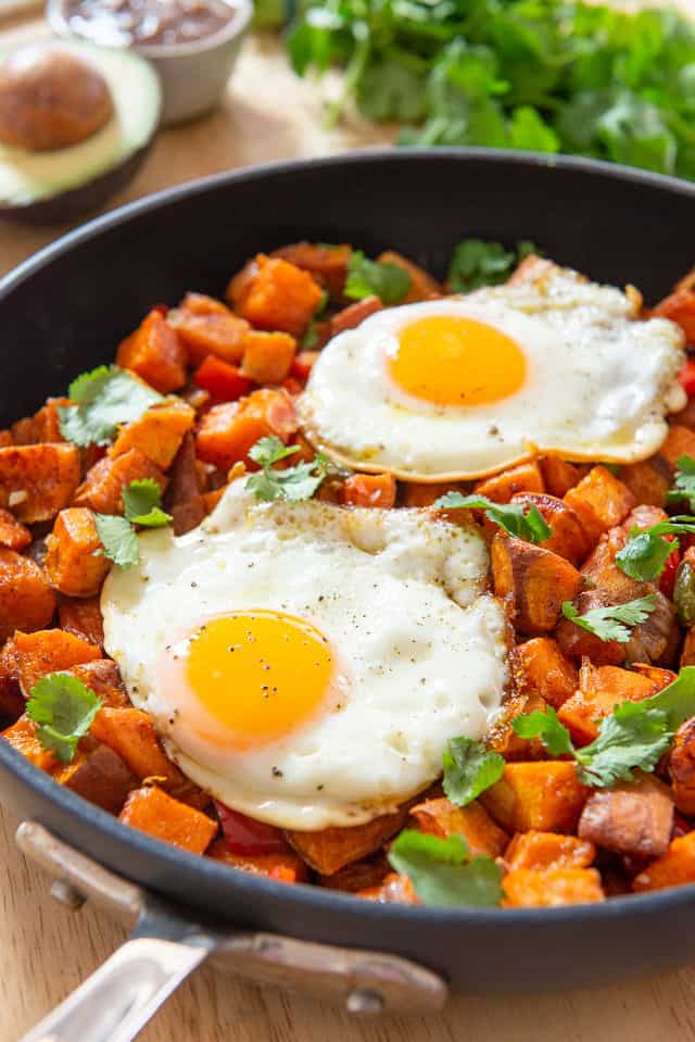 Sweet Potato Hash - In a Skillet with Fried Eggs On Top