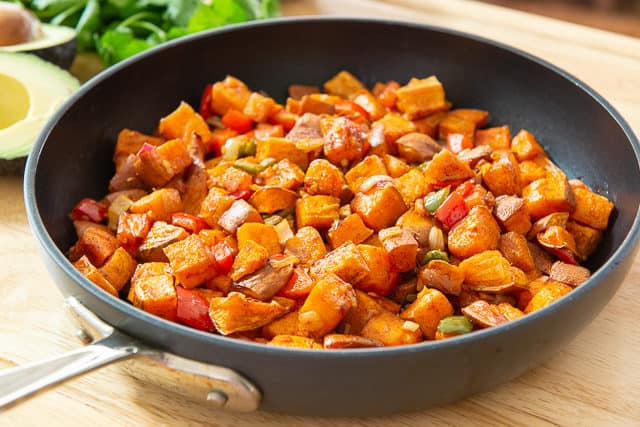Sweet Potato Hash Recipe - Served in Skillet with Peppers